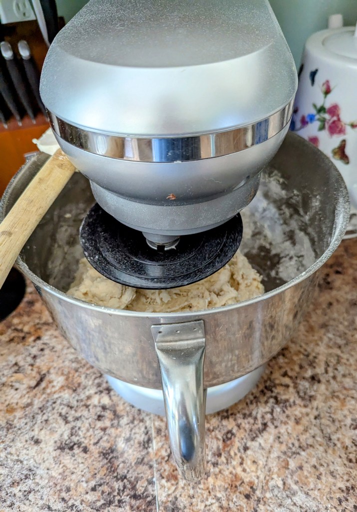 mixing sourdough hamburger buns in a stand mixer