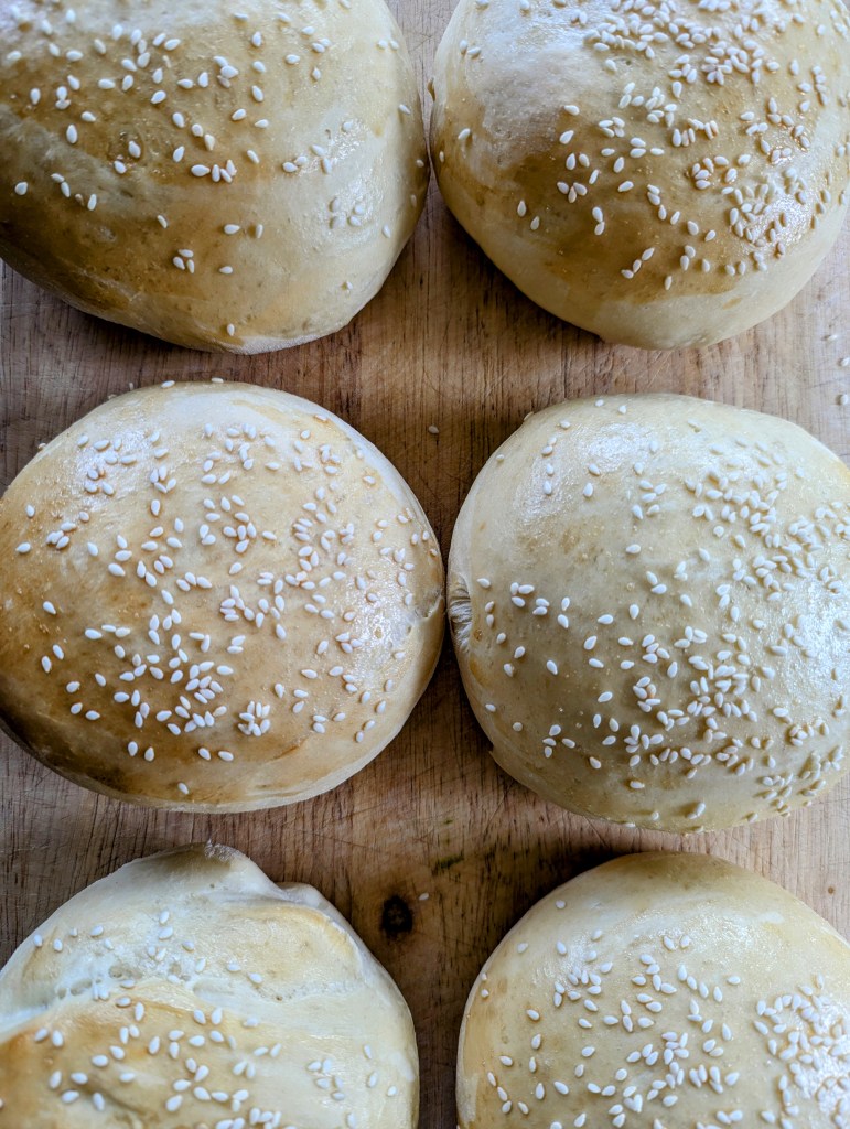 Sourdough hamburger buns on wooden table