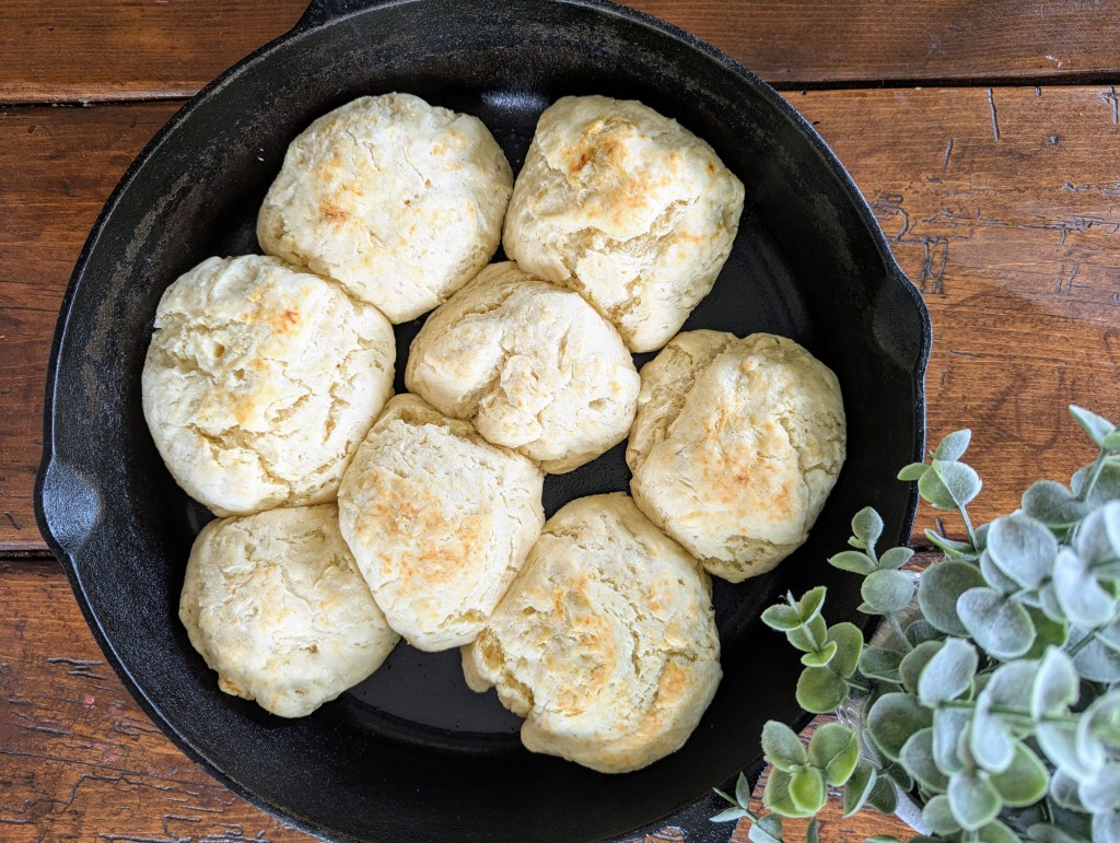 sourdough buttermilk biscuits in cast iron skillet