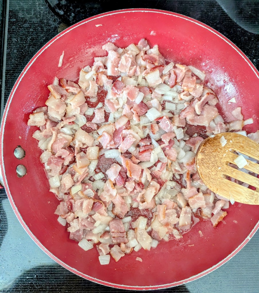 sauteing bacon and onion for a healthy quiche recipe

