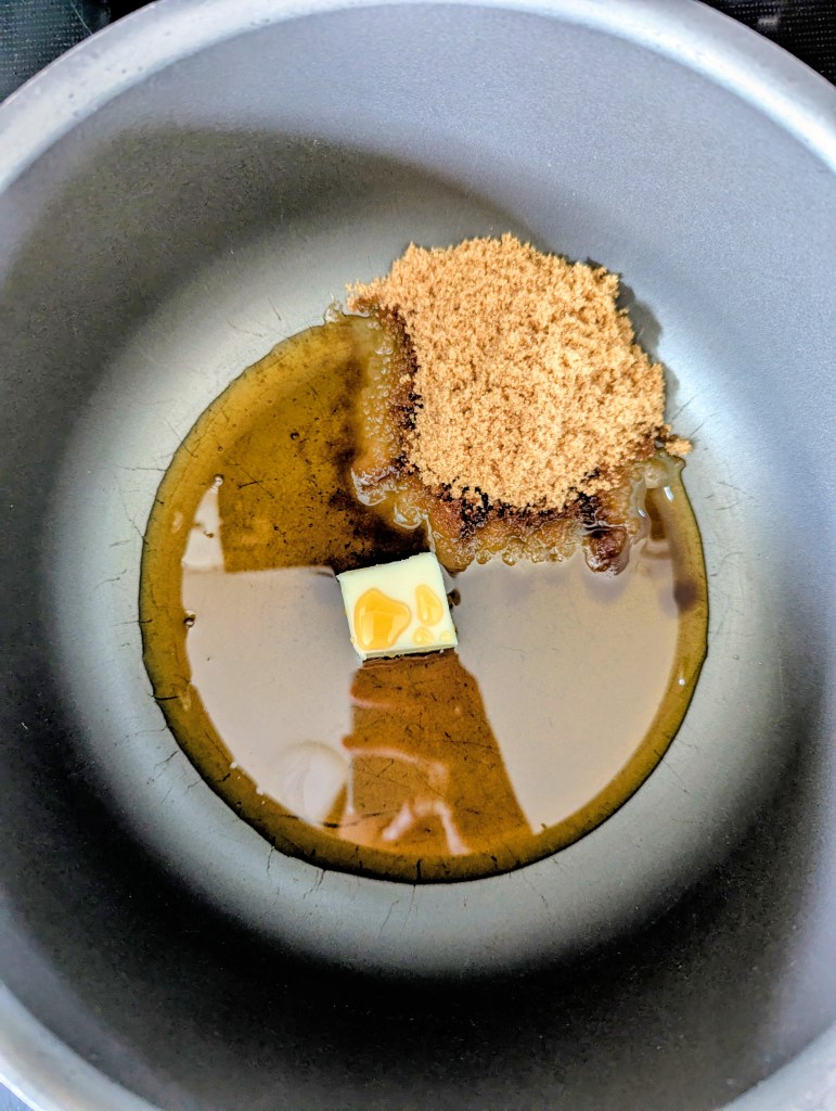 Melting brown sugar and maple syrup for a pecan pie without corn syrup