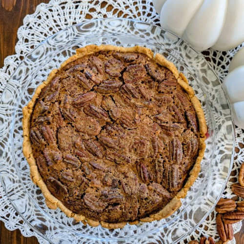 Pecan pie without corn syrup on a farmhouse table