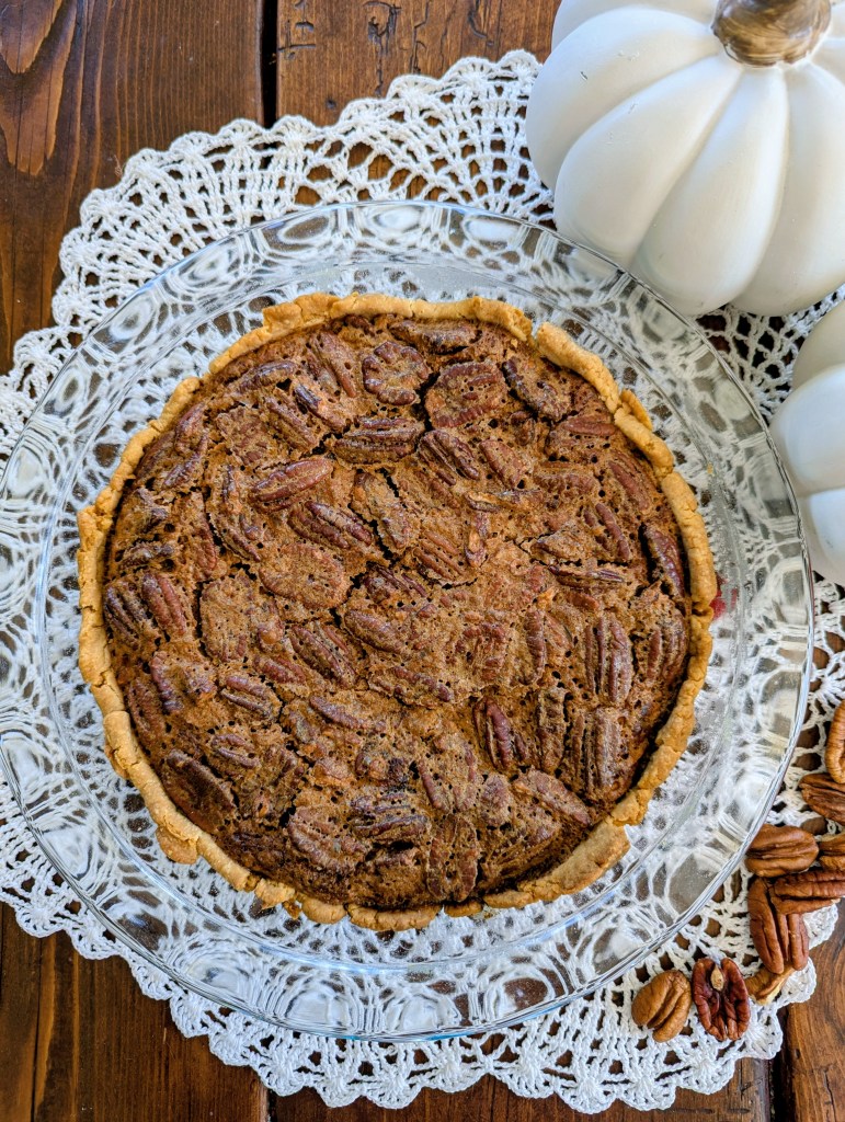 Pecan pie without corn syrup on a farmhouse table
