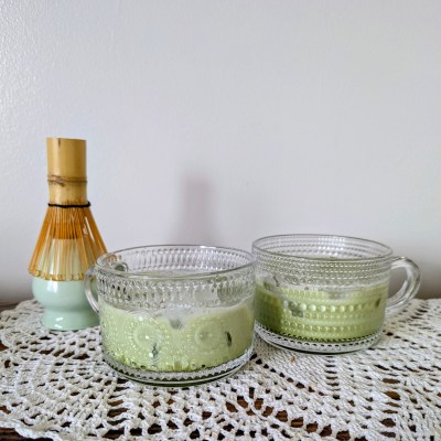 Lavener matcha on a wooden farmhouse table