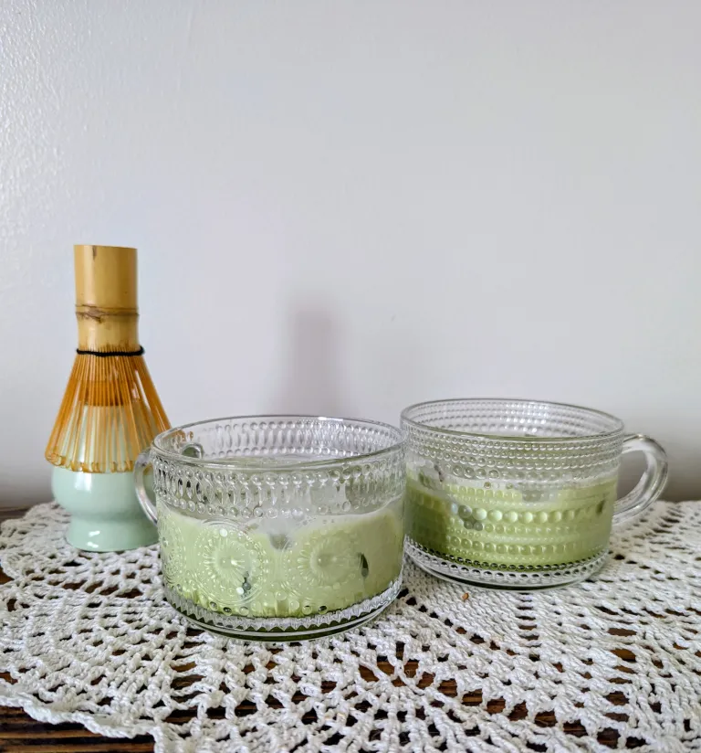 Lavener matcha on a wooden farmhouse table