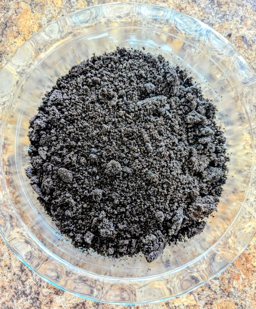 Oreo cookie crumbs before shaping into a pie pan