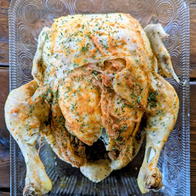 Instant Pot whole chicken on a farmhouse table