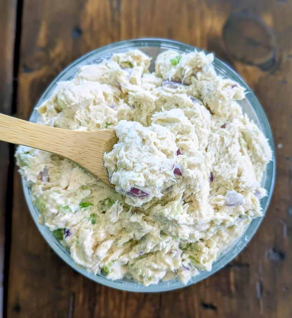 Chicken salad with Greek yogurt on a farmhouse table