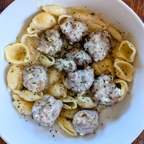 Aerial shot of crockpot swedish meatballs with pasta