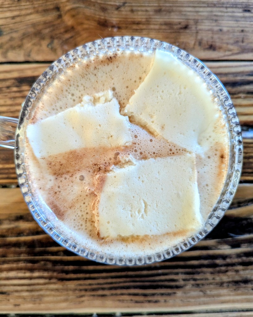 Aerial shot of bone broth hot chocolate with homemade marshmallows