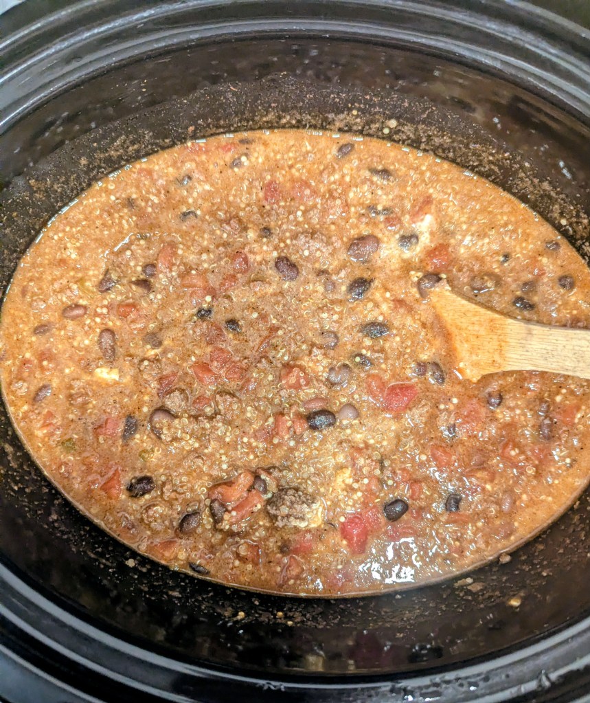 Aerial shot of quinoa enchilada casserole before baking
