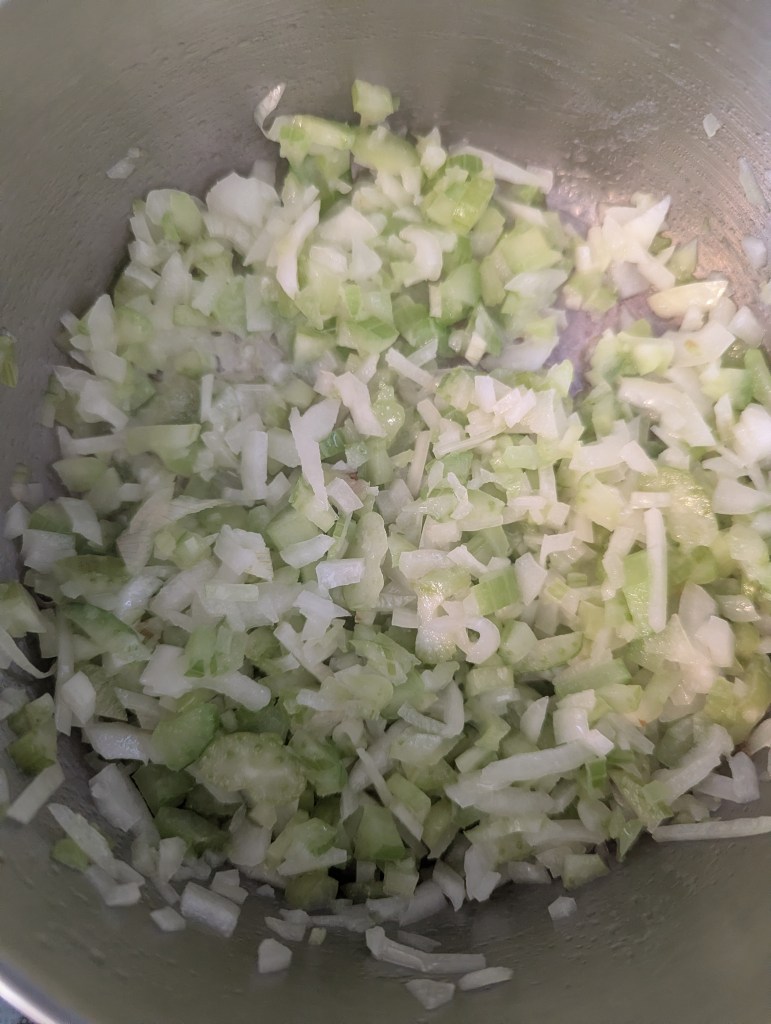 Sauteeing vegetables for sourdough stuffing