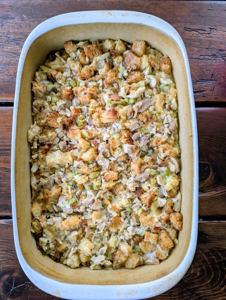 Sourdough stuffing in a stone dish