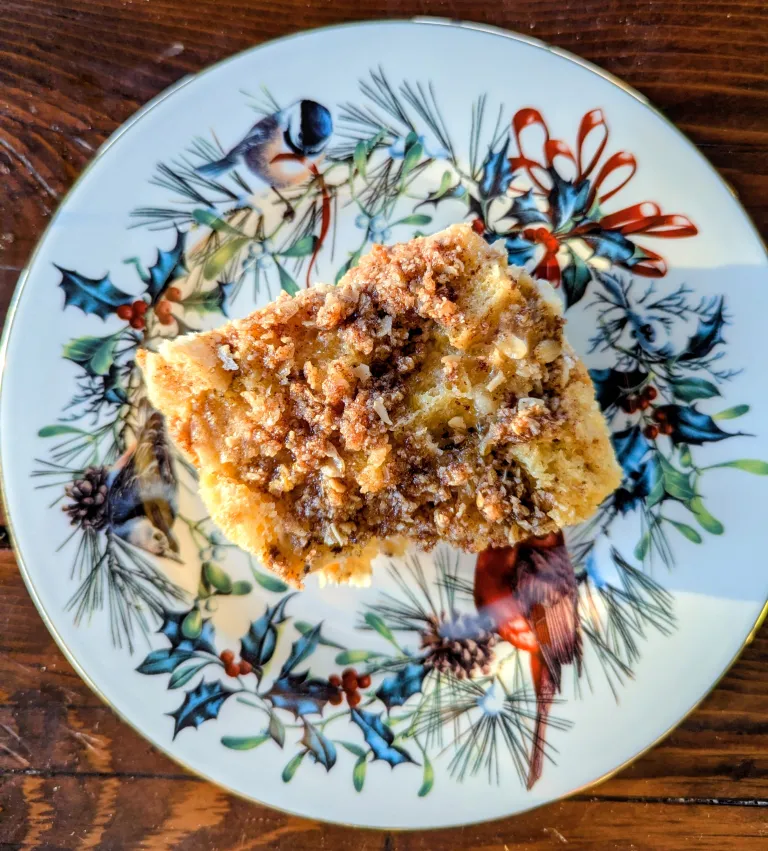 Aerial shot of sourdough French toast casserole on Christmas china