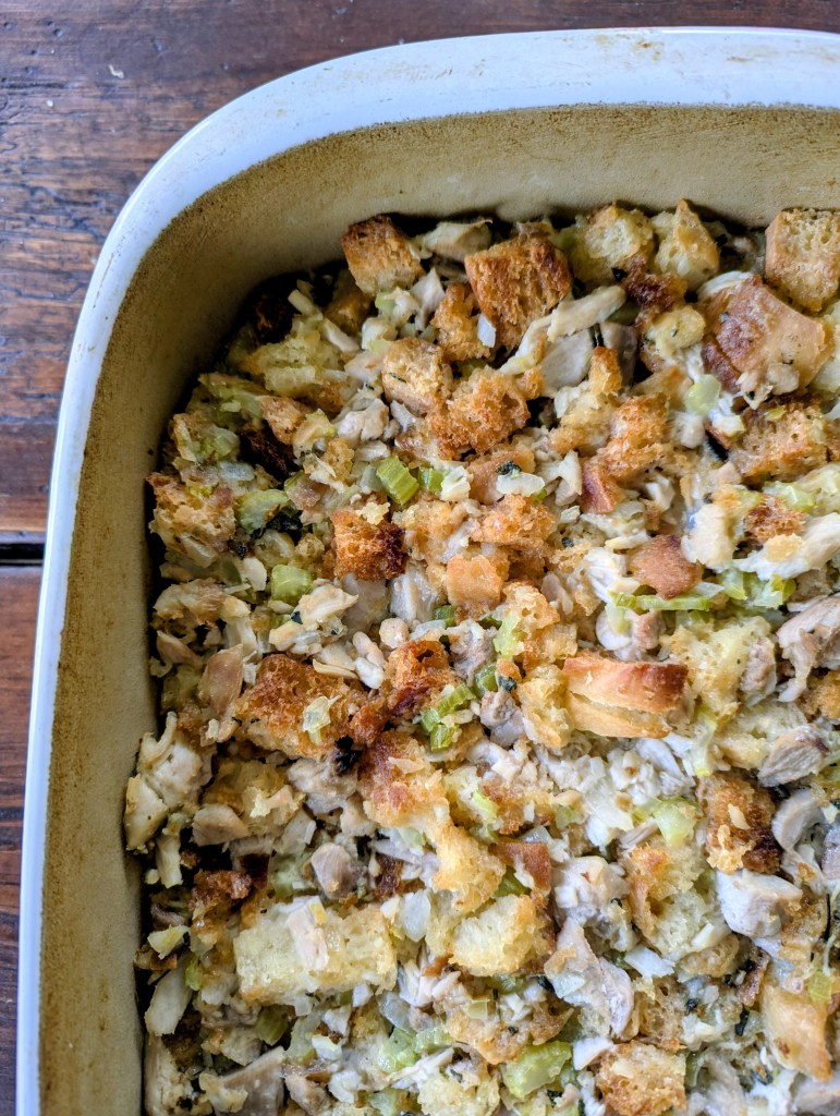 Aerial shot of sourdough stuffing on a farmhouse table