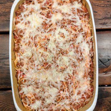 Million dollar spaghetti recipe on farmhouse table