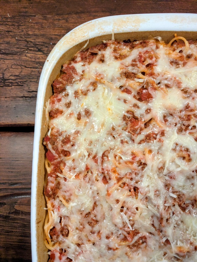 Million dollar spaghetti recipe on a farmhouse table