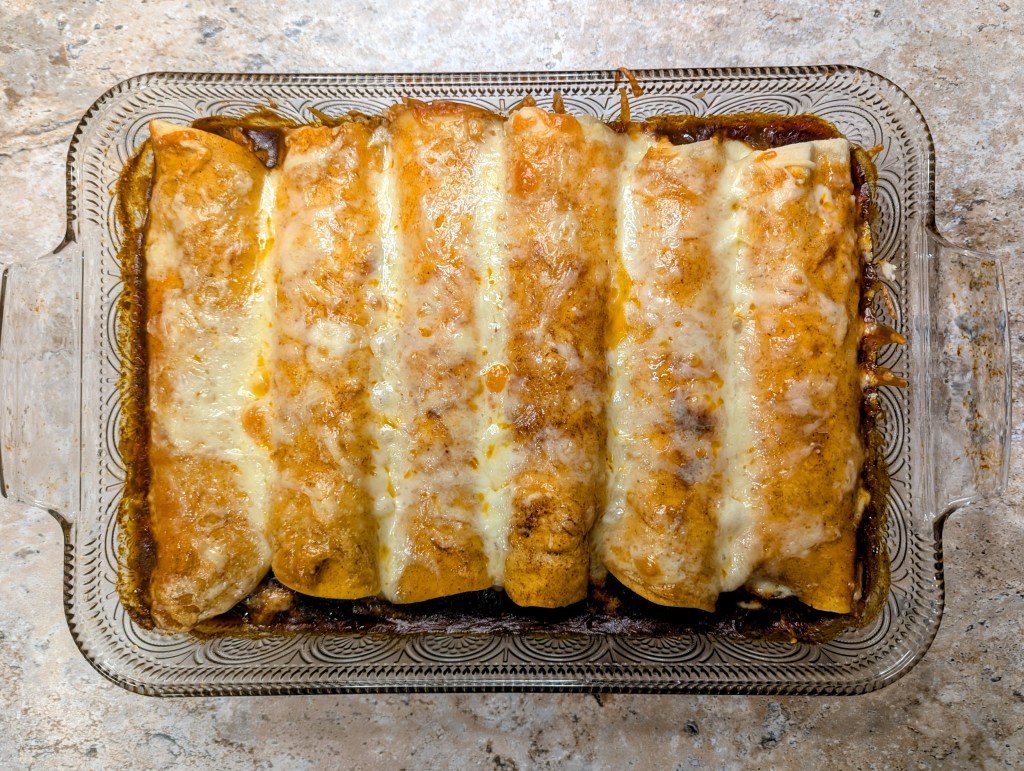 Aerial shot of hicken enchiladas with cream cheese