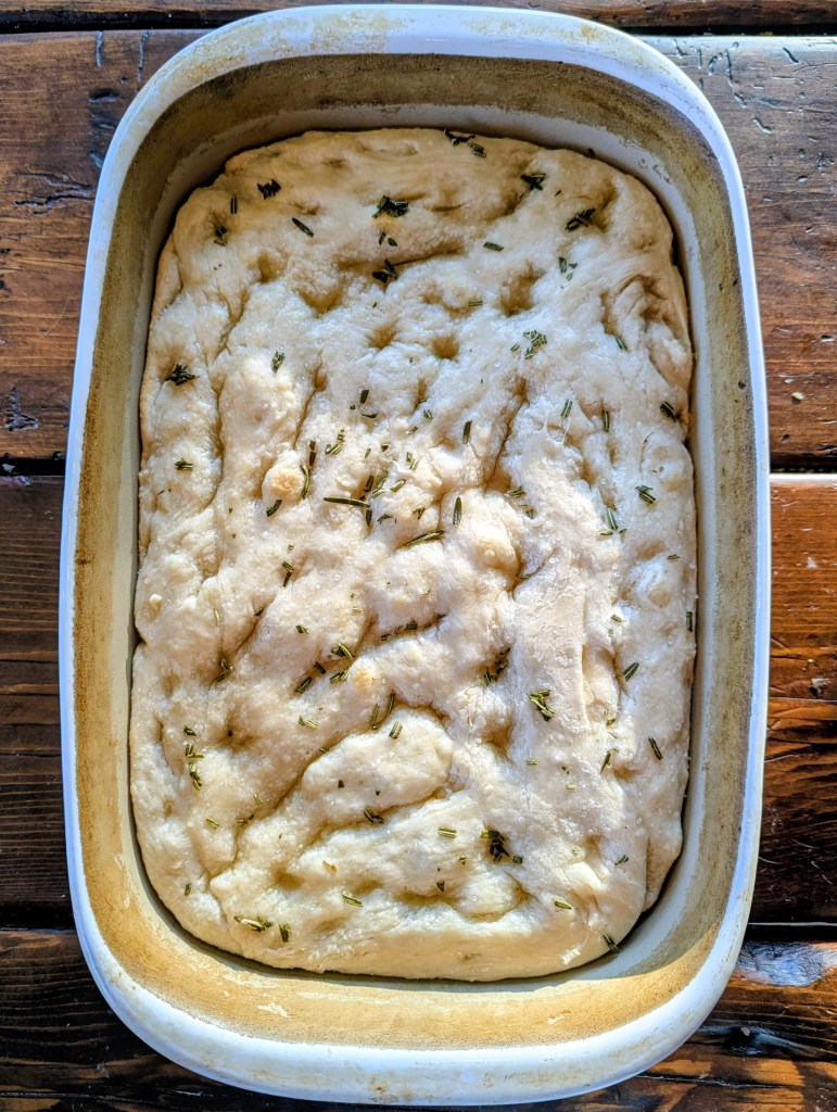 Sourdough focaccia recipe on a farmhouse table