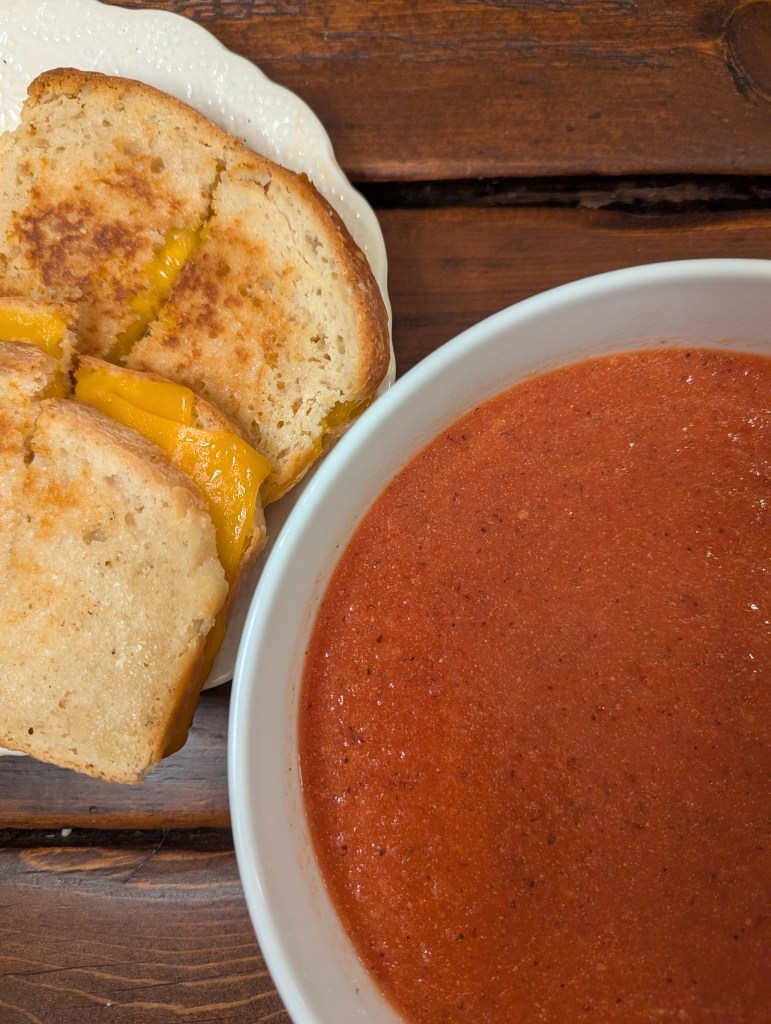 Tomato soup from canned tomatoes with sourdough grilled cheese