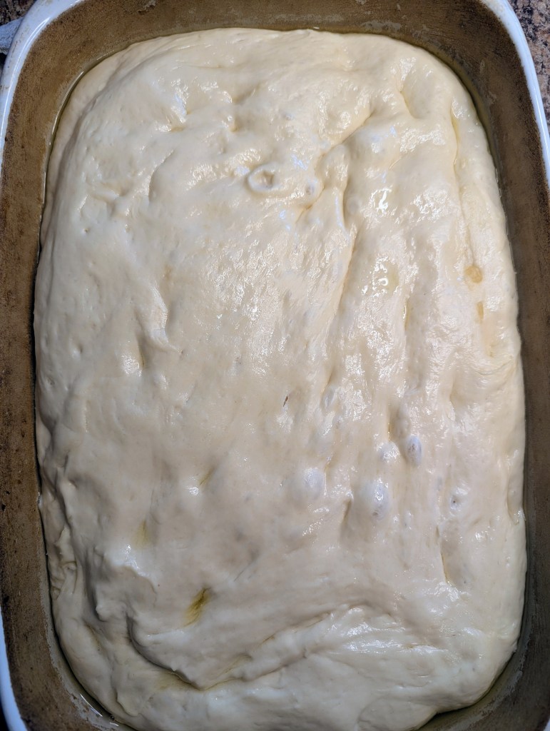 Sourdough discard focaccia before second rise