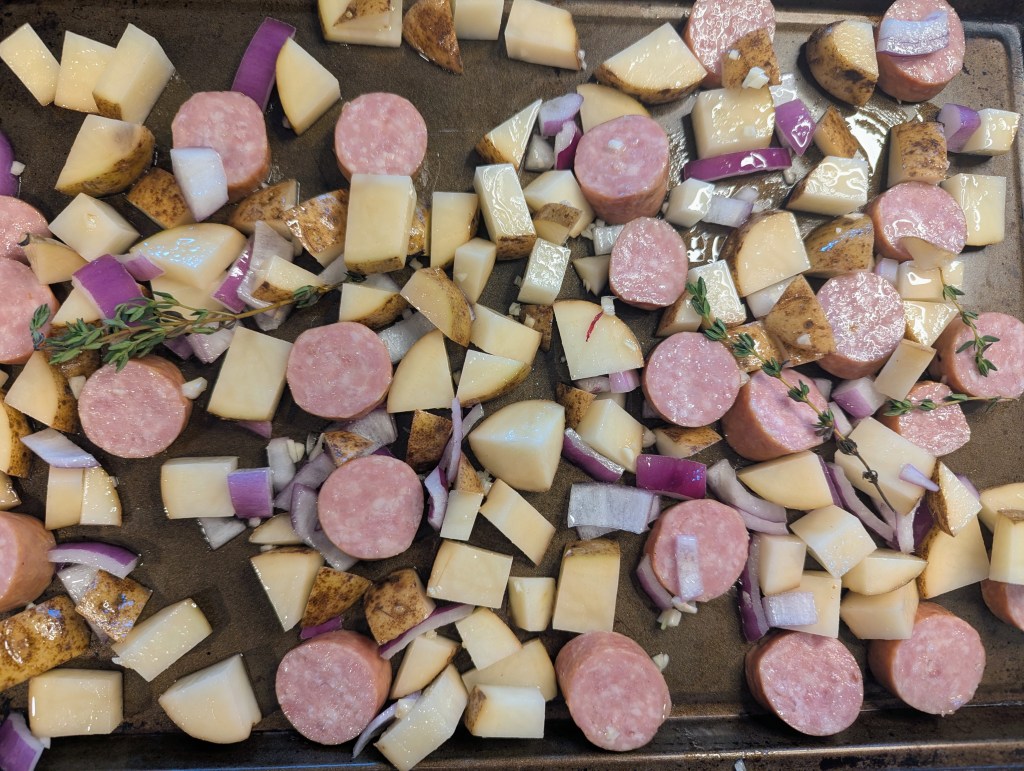 Kielbasa and potatoes before roasting