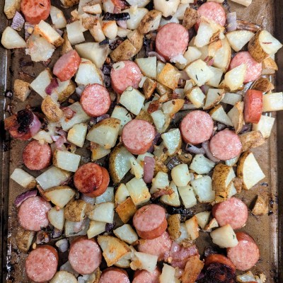 Aerial shot of roasted kielbasa and potatoes