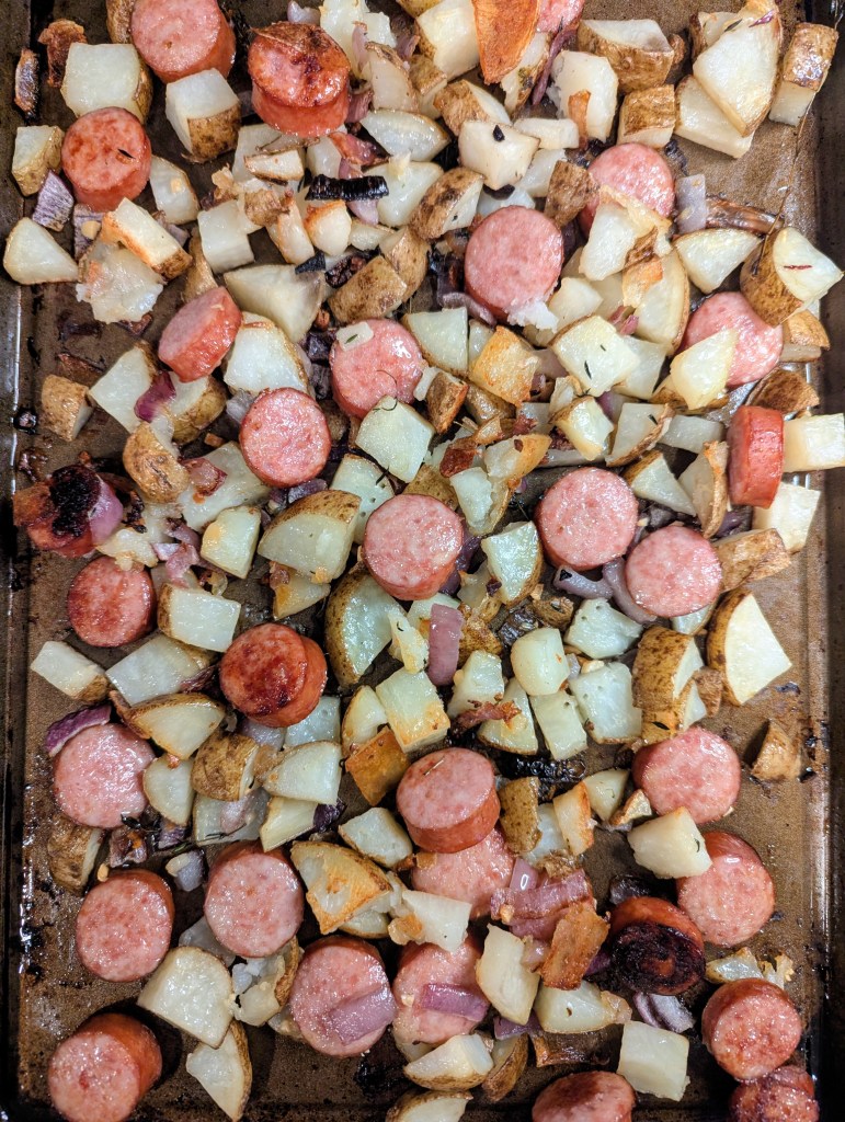 roasted kielbasa and potatoes in a sheetpan