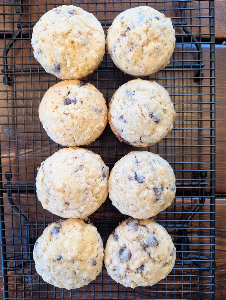 Sourdough chocolate chip muffins on a wire rack