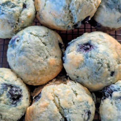 Aerial shot of sourdough discard blueberry muffins