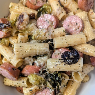 Aerial shot of kielbasa pasta