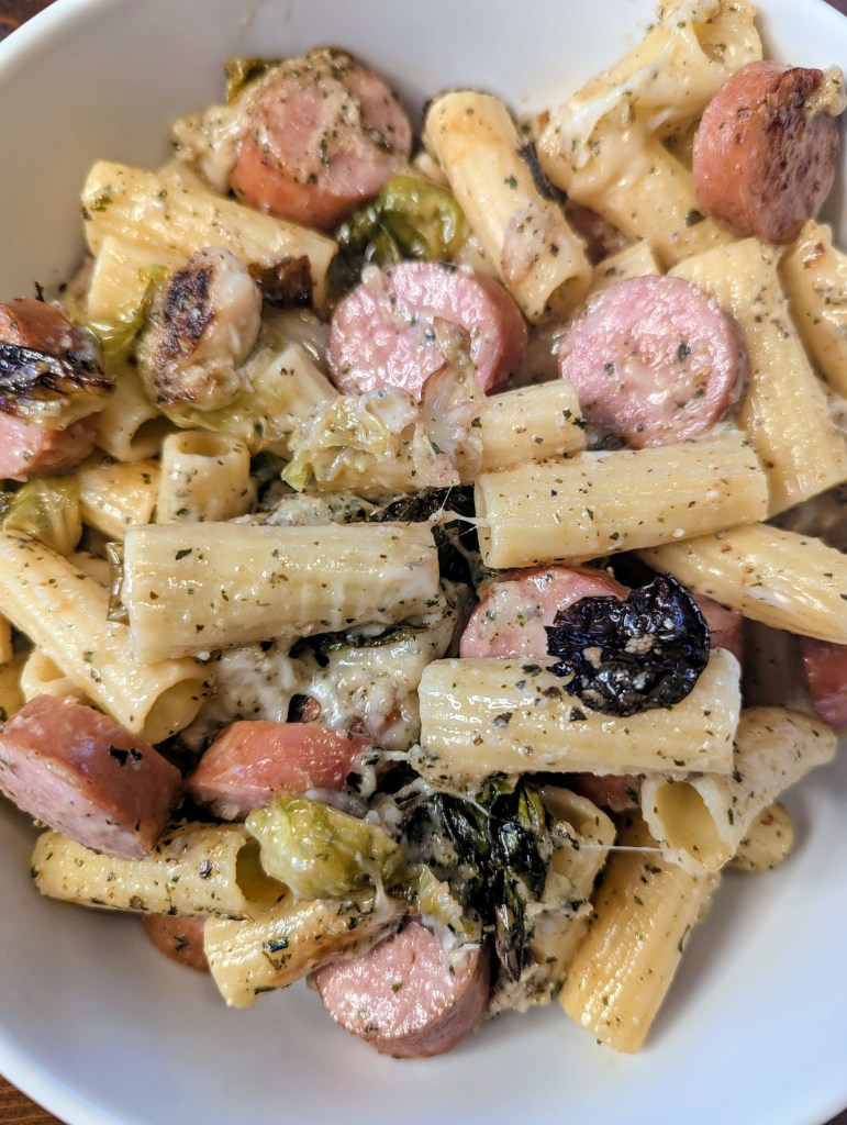 Kielbasa pasta with veggies and cheese