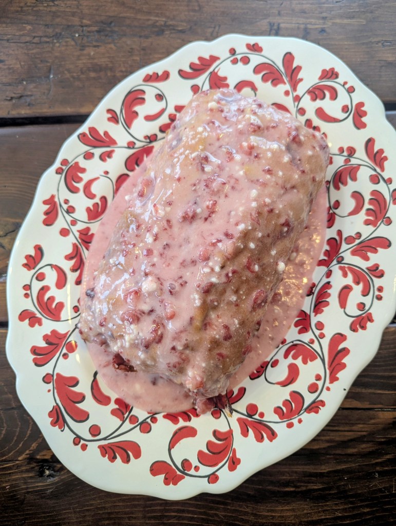 Aerial shot of glazed strawberry sourdough bread