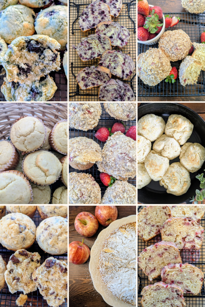 Collage of sourdough quick bread recipes including corn bread, muffins, and cake