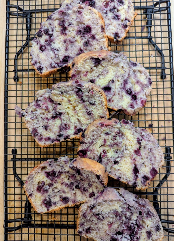 Lemon blueberry sourdough bread on a wire rack