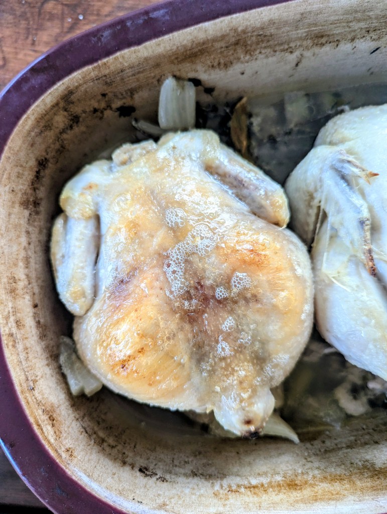 Aerial shot of a roasted cornish game hen