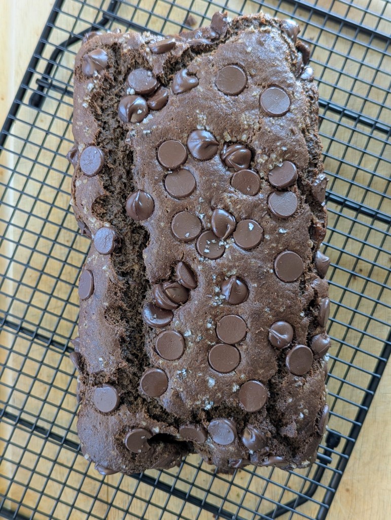 Aerial shot of gluten free chocolate banana bread 
