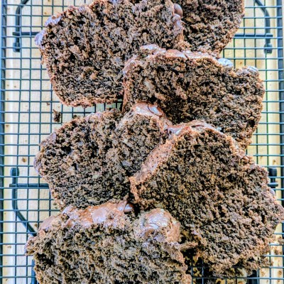 Aerial shot of sliced, gluten free chocolate banana bread
