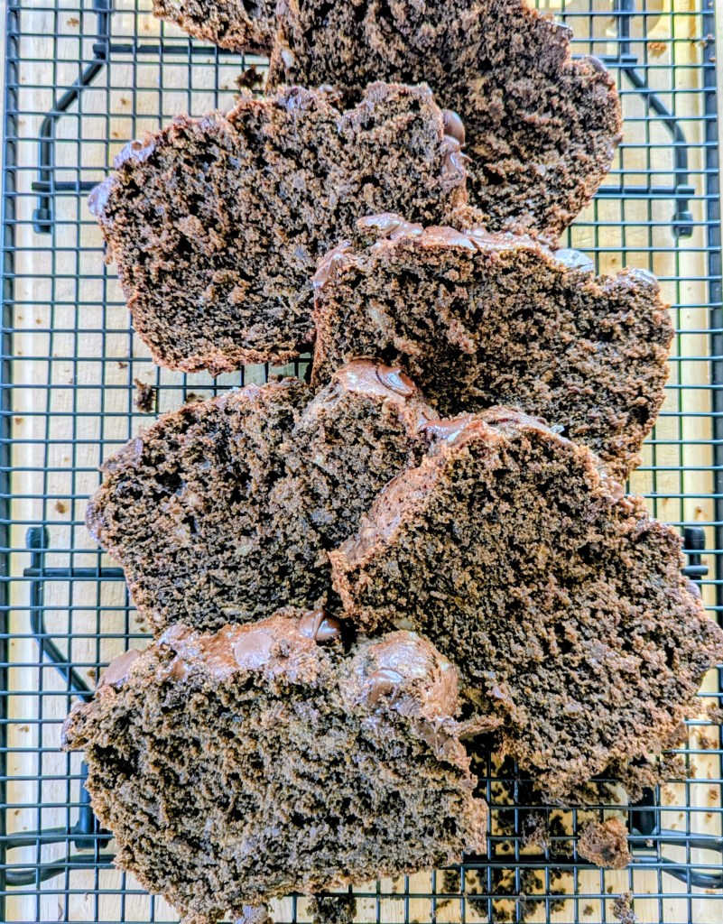 Aerial shot of sliced gluten free chocolate banana bread