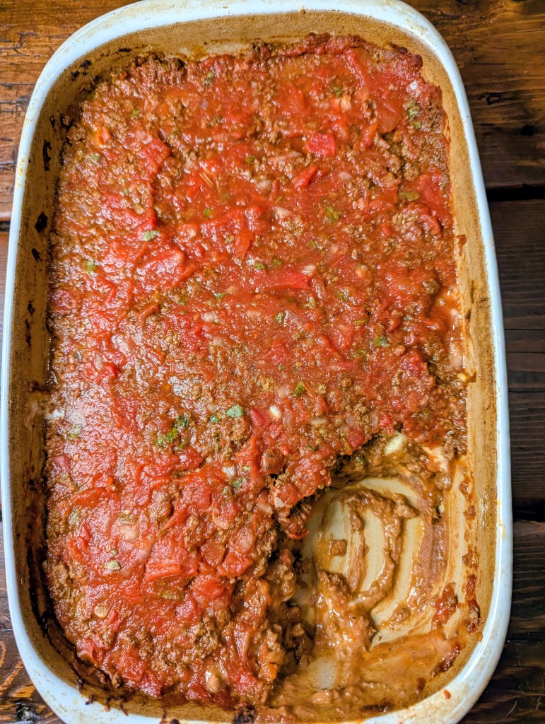 Aerial shot of sliced taco casserole with ground beef