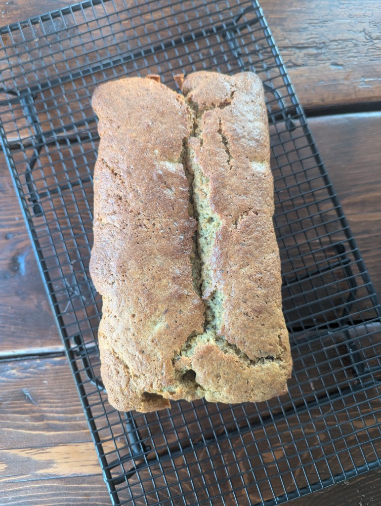 Gluten-free chocolate chip banana bread on a wire rack
