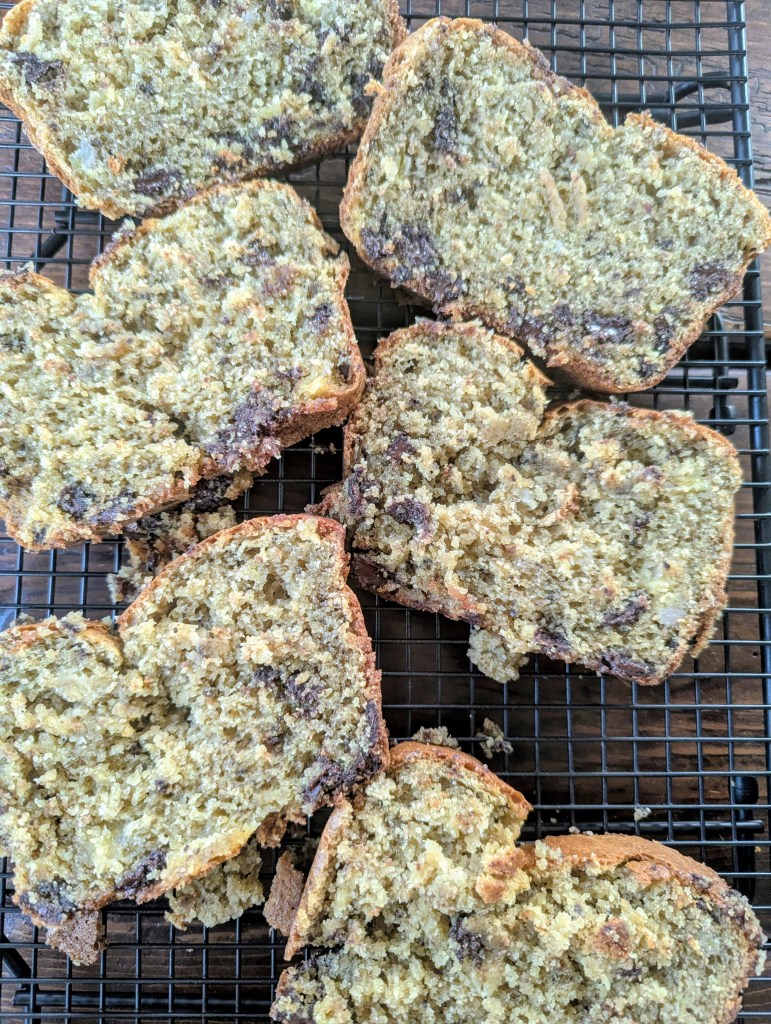 Gluten free chocolate chip banana bread on a wire riack
