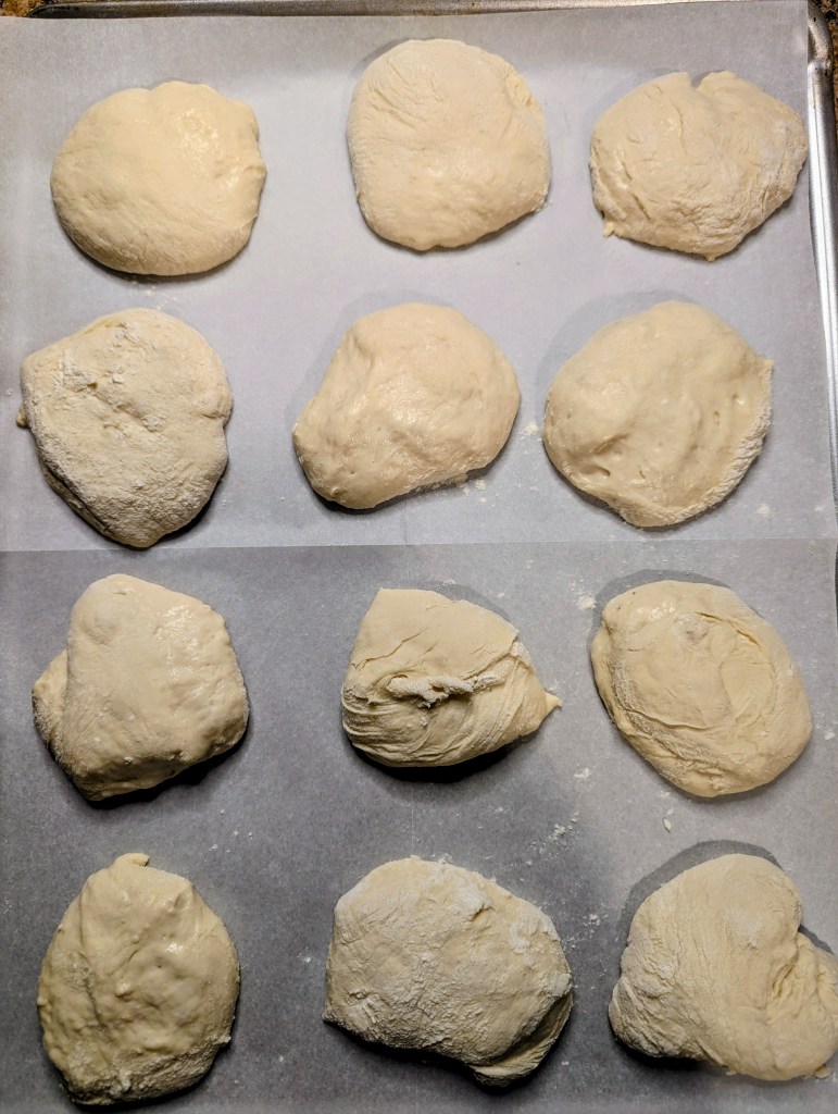 Aerial shot of shaped sourdough English muffin dough