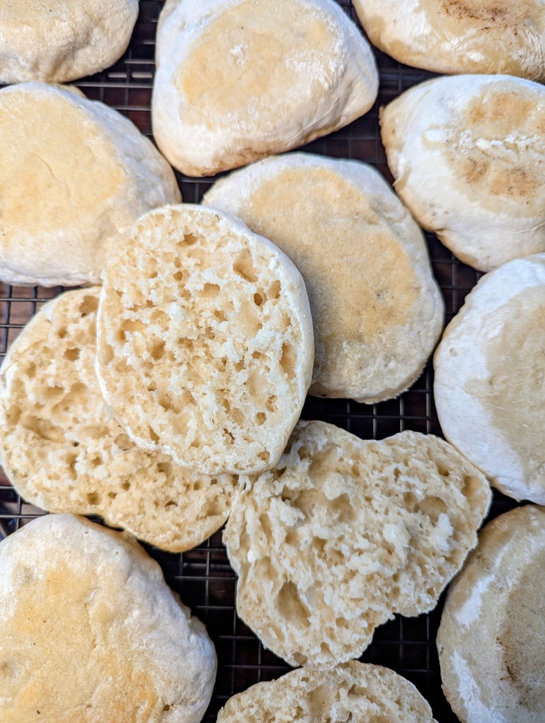 Aerial shot of sourdough English muffin recipe