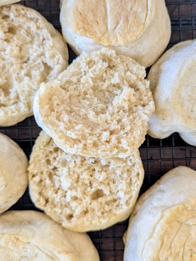 Aerial shot of sourdough discard English muffins