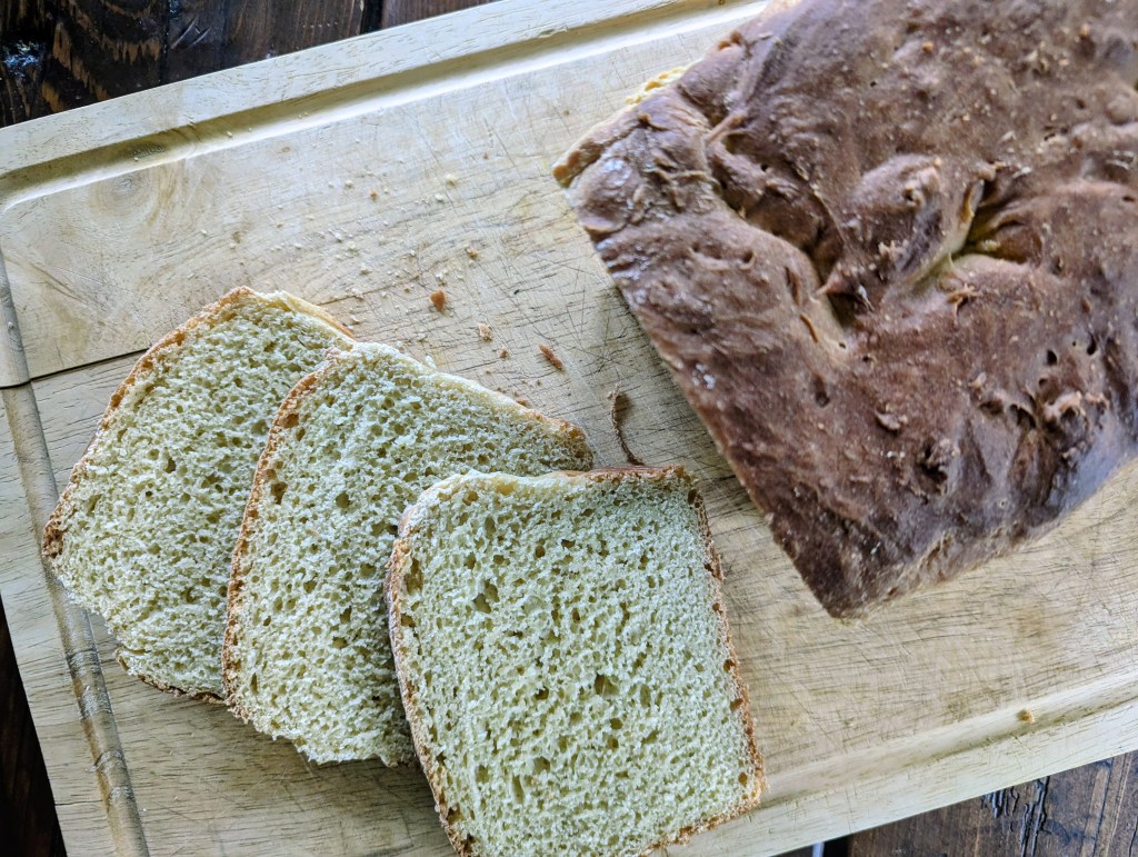 Aerial shot of sliced einkorn sandwich bread