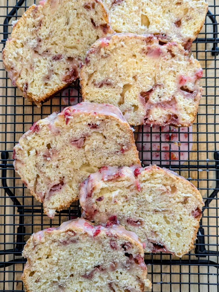 Aerial shot of sliced strawberry bread
