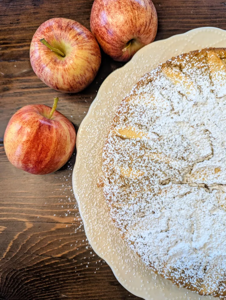 Aerial shot of French apple cake with powdered sugar