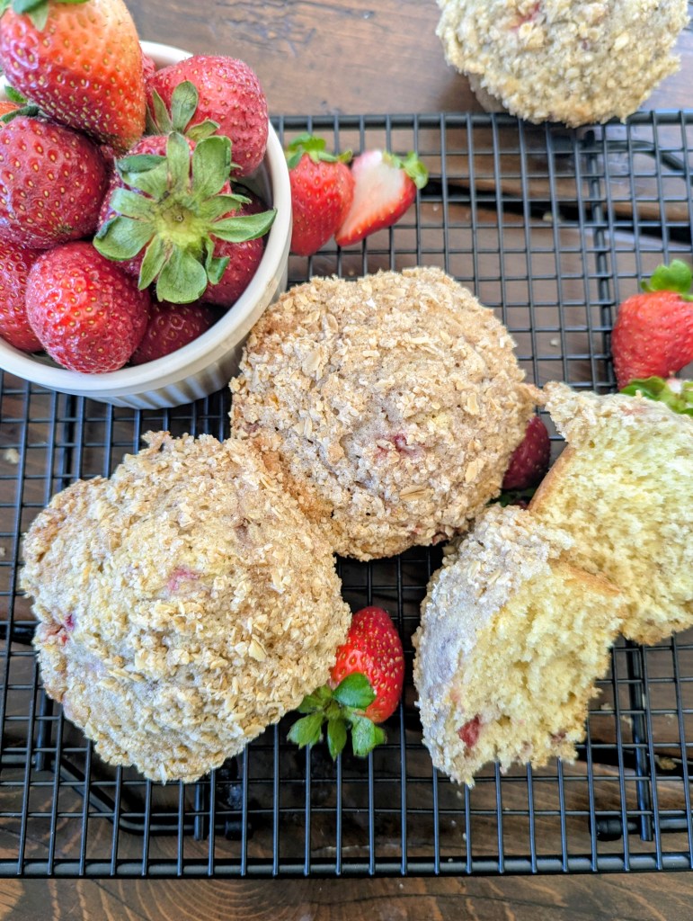 Sourdough strawberry muffins with a buttery oat crumble