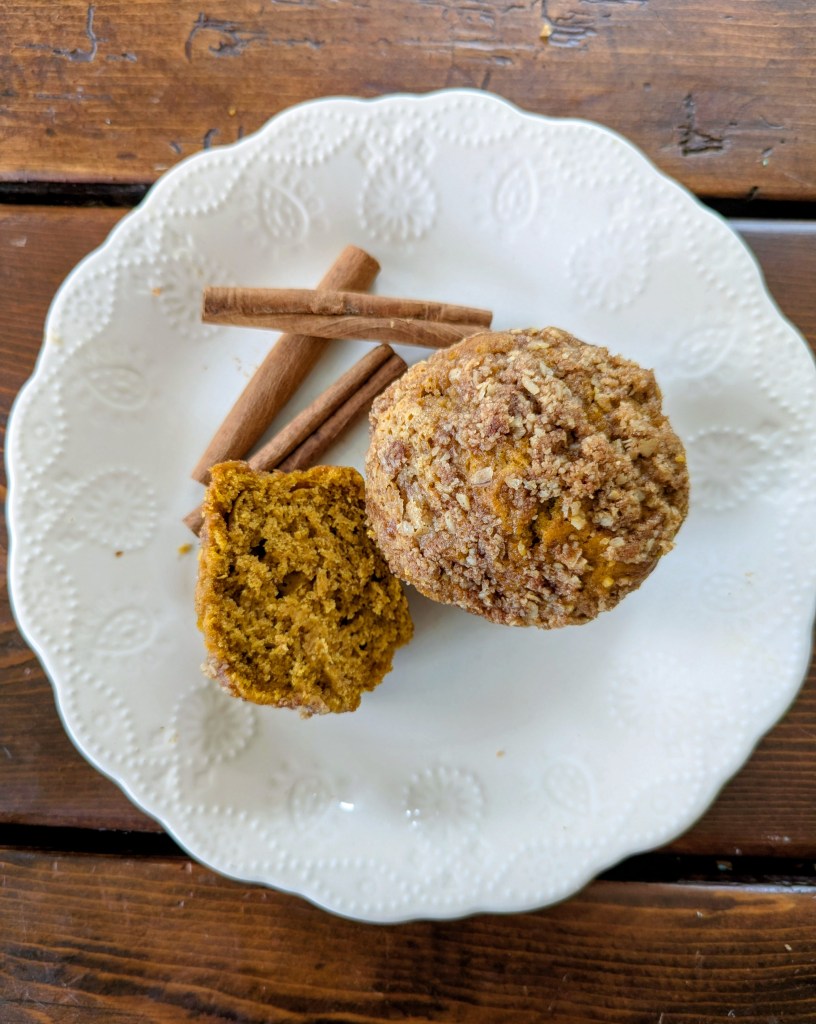 Sourdough pumpkin muffins on a plate with cinnamon sticks